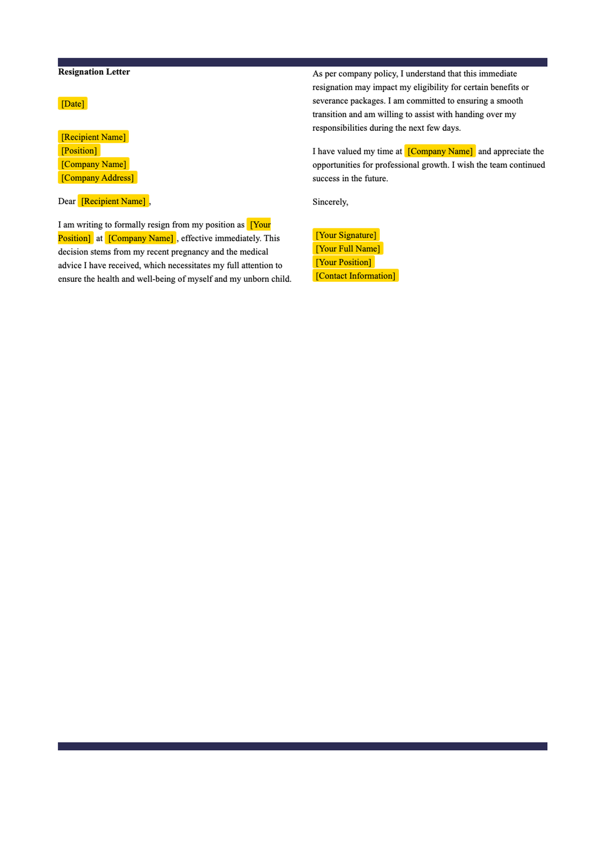 Immediate resignation letter due to pregnancy template with purple accents_variant_2